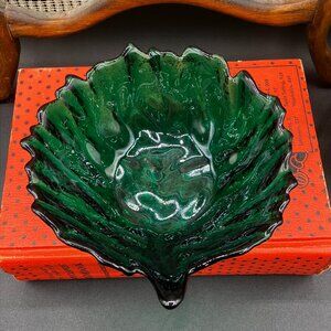 Blenko Green Glass Cabbage Leaf Bowl Hand Blown Textured Catch All 1990's